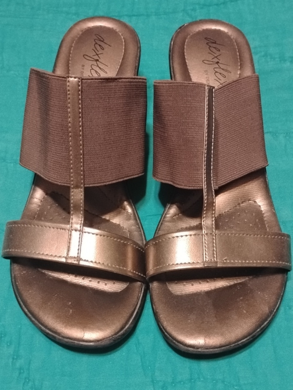 dexflex comfort Metallic Bronze Slide Sandals with Wide Elastic Strap